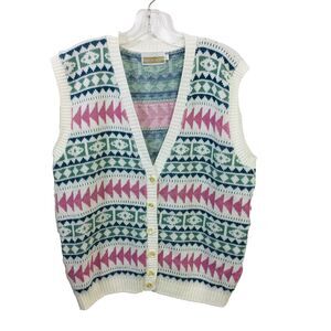 Vintage Season Ticket Sweater Vest Large L Geometric Aztec Print Button Front 90
